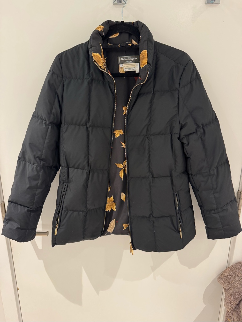 Salvatore Ferragamo Black Quilted Puffer Jacket with Gold Floral Trim